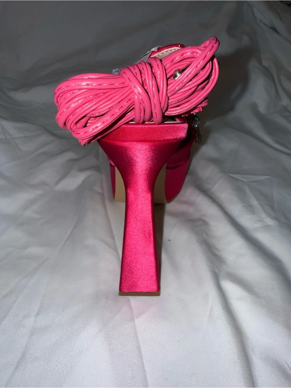 SHEIN Hot Pink Satin Platform Heeled Sandals with Crystal Bow